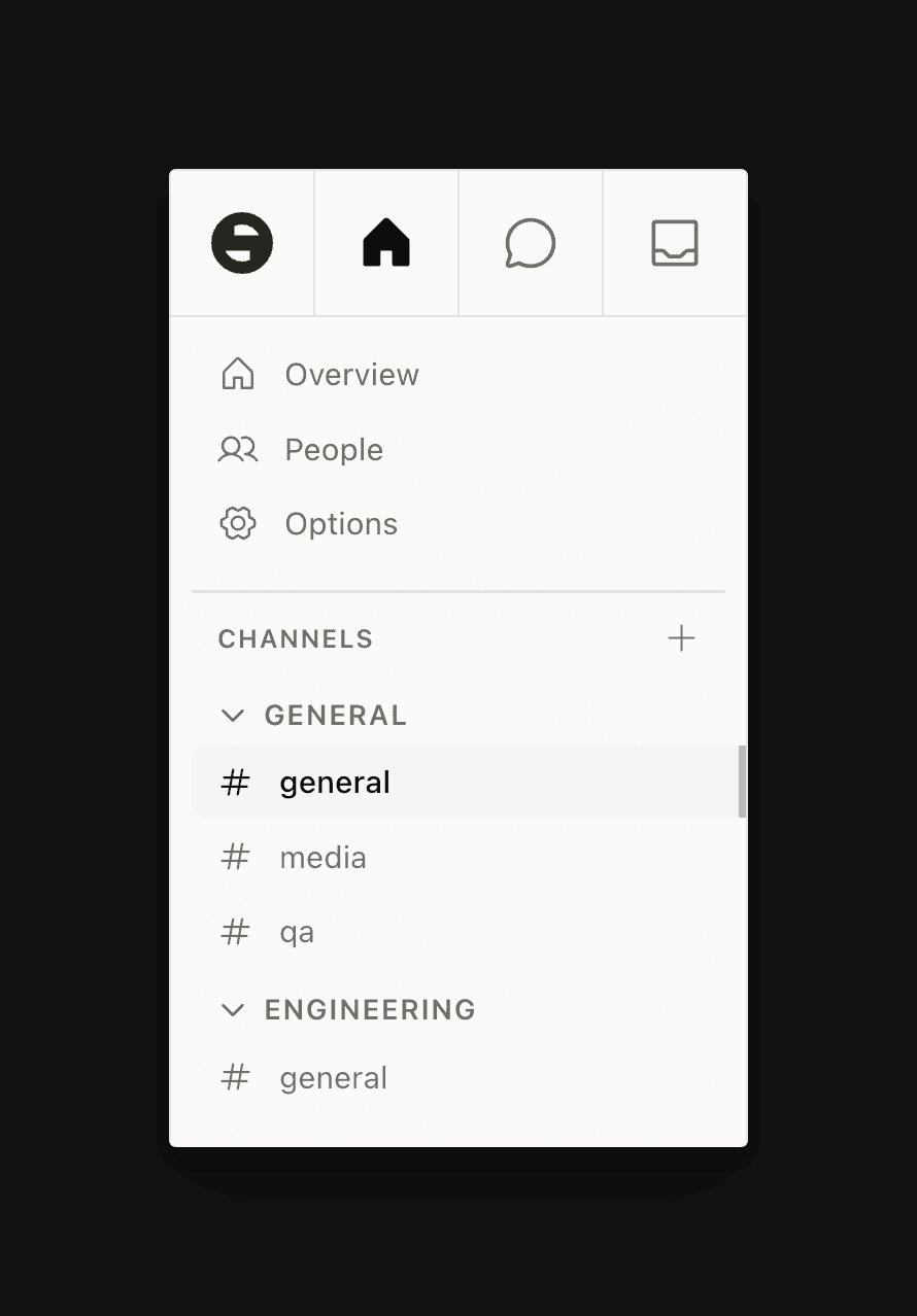 Channel list sidebar showing organized channels with unread counts, pins, and sections